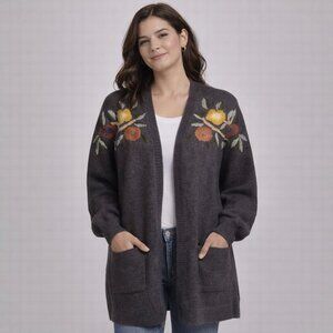 Boundless North Grey Long Floral Embroidered Cardigan Large Style NLJ68020
